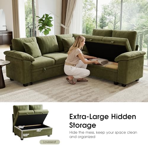 Sectional Sleeper Sofa with Pull Out Bed, 86" L Shaped 5 Seat Couch with 151L Storage, Convertible Cloud Couch Bed, Modular Sectional Couches for Living Room, Apartment (Green)