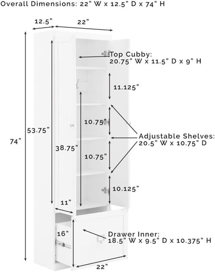 MAKLAINE Modern Contemporary Pantry Closet, 74" H x 22" W x 12.5" D, Wood/Metal Construction, Gray Finish, Modular Design with Adjustable Cabinet Shelves, Convertible Storage for Kitchen or Mudroom