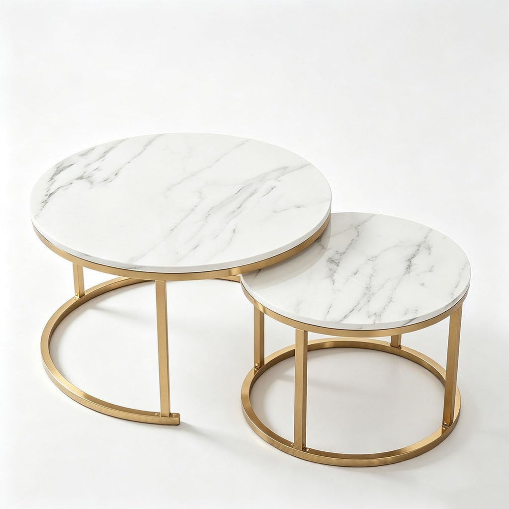 Nesting Tables Set of Round Coffee TableNesting Tables | Set of Round Coffee TableSmall Nesting Coffee Table with Adjustable Non-Slip Fee, White Marble Top Stack Nesting Tables