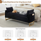 66" End of Bed Storage Bench King Size, Storage Benches for Bedroom, Black | Velvet Upholstered Foot of Bed Bench, Storage Ottoman Benches with Golden Legs, Pillows and Side Pockets for Window, Entryway