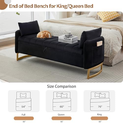 66" End of Bed Storage Bench King Size, Storage Benches for Bedroom, Black | Velvet Upholstered Foot of Bed Bench, Storage Ottoman Benches with Golden Legs, Pillows and Side Pockets for Window, Entryway