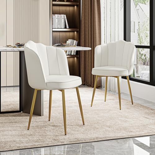 VECELO Velvet Dining Chairs Set of 2, Modern Upholstered Kitchen Chairs with Thick Cushions, Curved Padded Backrest and Metal Legs, for Kitchen, Dining Room, Living Room, White