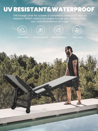 SERWALL Textilene Patio Chaise Lounge Chair Set of 2, HDPE Outdoor Lounger | with Rolling Wheels for Pool, Deck, Black