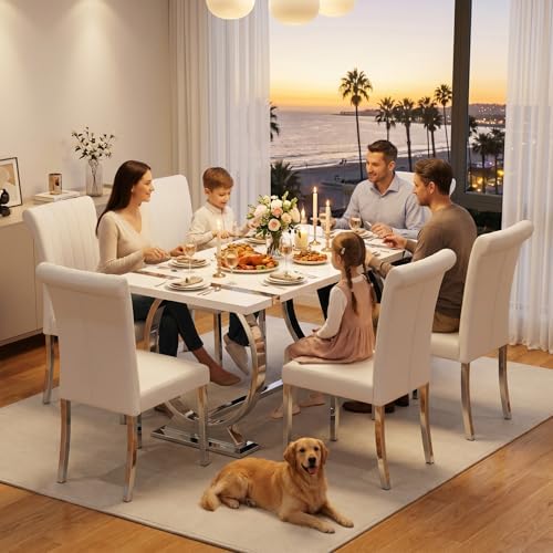 Asday 7 Piece Dining Table Set, Luxury White and Silver Dining Room Table Set with 60 inch Rectangular Dining Table and 6 White Leather Dining Chairs
