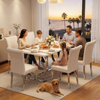 Asday 7 Piece Dining Table Set, Luxury White and Silver Dining Room Table Set with 60 inch Rectangular Dining Table and 6 White Leather Dining Chairs