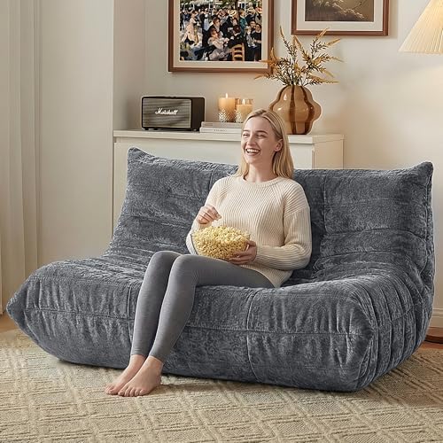 HABUTWAY Giant Bean Bag Chairs Loveseat for Adults,2 Seater,Grey | Loveseat Fireside Chair, Memory Foam Lazy Bean Bag Couch for Living Room, Bedroom, Dorm, Office
