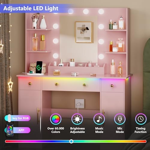 HUANLEGO Vanity Desk with Mirror and Lights, Makeup Vanity with Mirror and LED Lights & Power Outlet, 3 Drawers and Cabinets, 3 Lighting Modes Dressing Table Set for Girls Women Bedroom,Pink