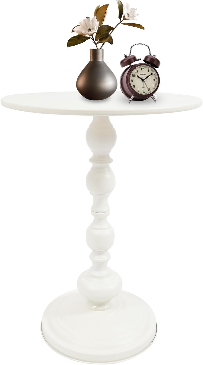 Pedestal Metal Round Side Table Round Small Accent Table Multifunctional Vintage Coffee Table for Living Room, Bedroom, Office, bar and Patio (White)