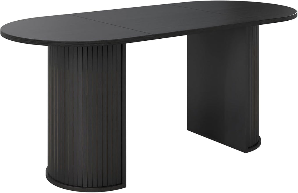 70.8" Oval Dining Table for 4-6 Persons, Fluted Pedestal Base Mid Century Wood Veneer Kitchen Table with Curved Edges for Dining Room, Apartment, Small Spaces, Black