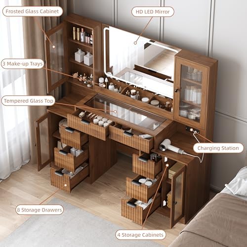 55" Vanity Desk with Mirror & Lights, Fluted Makeup Vanity with 8 Drawers & 4 Cabinets, Tempered Glass Top, RGB Cabinet Lighting, 3-Color Dimmable Mirror, and Charging Station