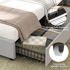 VECELO Queen Size Bed Frame with 4 Storage Drawers & Adjustable Headboard, Built-in Charging Station, Upholstered Bedframe with Wood Slats Support, Light Gray