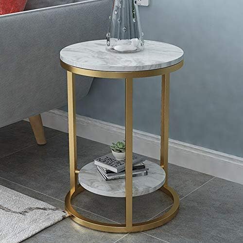 Telephone Table, 2 Layer White Marble Print Side Table,with Gold Metal Frame,Telephone Tables,Sofa Table Small Round Side Tables,Living Room Bedroom Tables (Gold+white-15.74 * 21.65in
