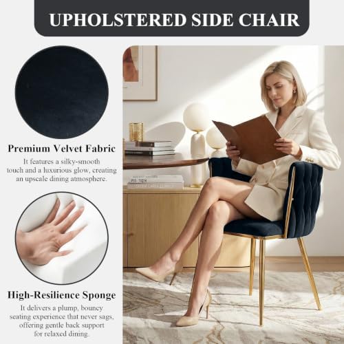 Hand-Woven Dining Chairs Set of 2,Dining Room Chairs with Gold Leg | Velvet Elegant Side Chair with Curved Backrest, Sturdy Wood & Metal, Anti-slip Foot Pads, Wide Armrest, Holds 300LBS, Beige