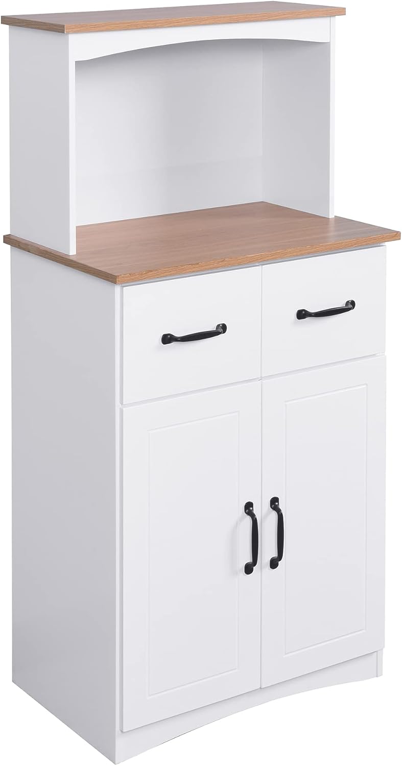 Kitchen Pantry Storage Cabinet Bar Cabinet Cupboard with Storage Drawers and Adjustable Shelf, Microwave Cabinet with Open Space for Kitchen Dining Room Living Room, White