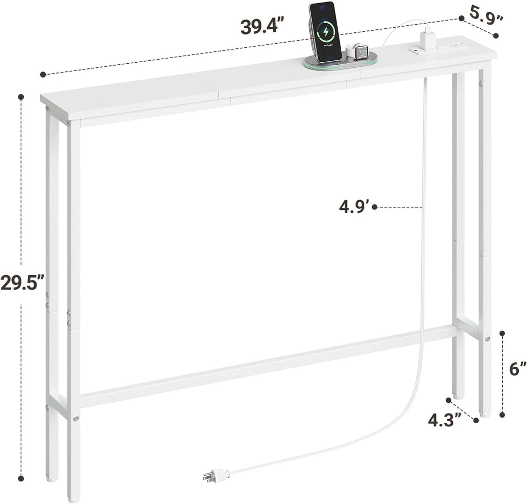 ELYKEN 39.4'' Narrow Console Table with Outlet, Sofa Table Behind Couch | Skinny Entryway Tables with Charging Station for Living Room, Hallway, 5.9 x 39.4 x 29.5in, White