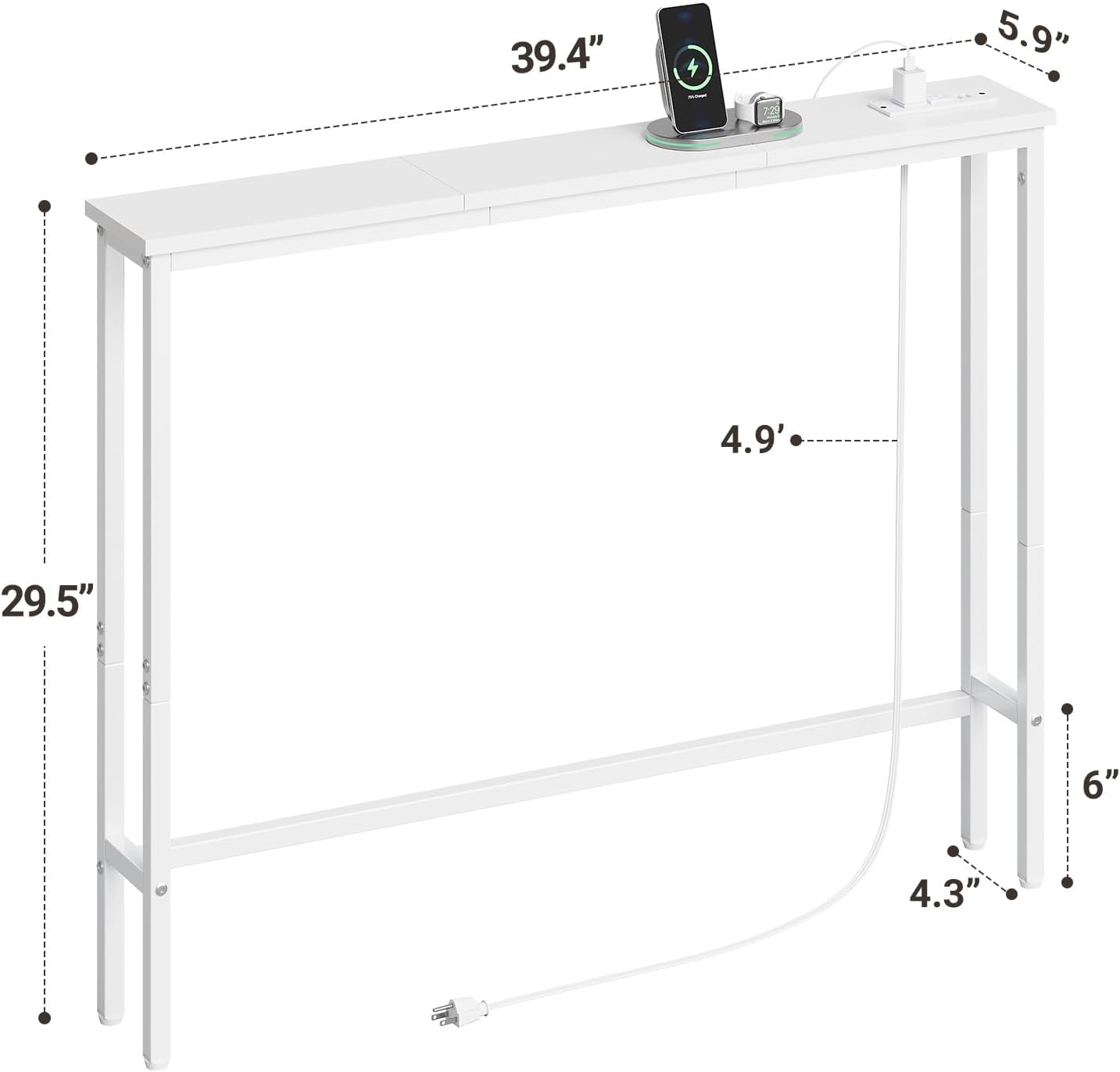 ELYKEN 39.4'' Narrow Console Table with Outlet, Sofa Table Behind Couch | Skinny Entryway Tables with Charging Station for Living Room, Hallway, 5.9 x 39.4 x 29.5in, White