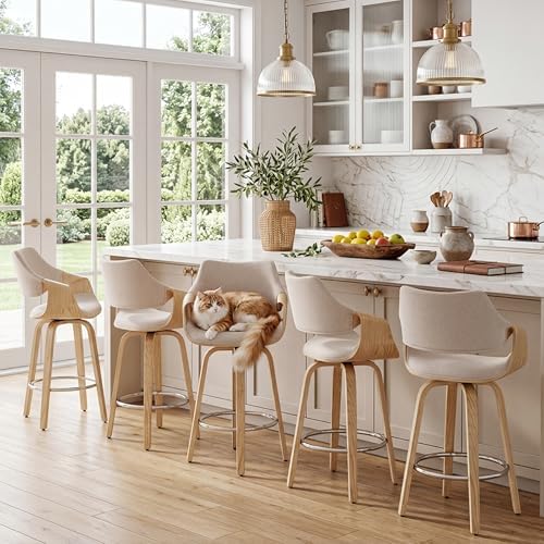 26'' Modern Barrel Swivel Counter Stools Counter Height Swivel Bar Stools with Backs Set of 4, Beige Chenille Upholstered Bar Height stools, Farmhouse Solid Wood Barstools for Kitchen Island, Home Bar