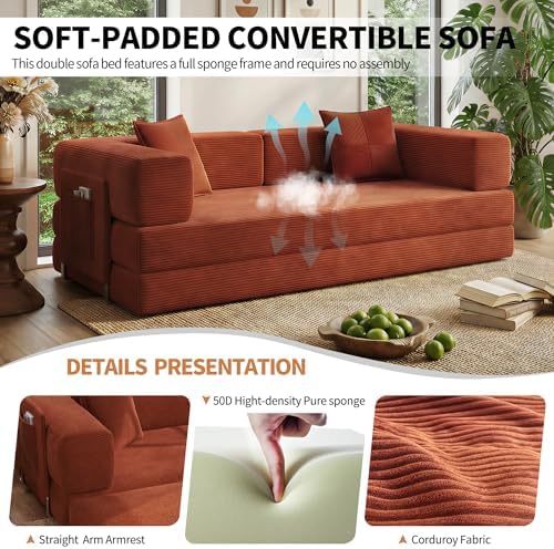 78.8" Couch for Living Room, Futon Sleeper Sofa Bed | Convertible Sofa Bed, Corduroy Pull Out Couch Loveseat with Storage Pocket, Modular Design, No Assembly, Orange