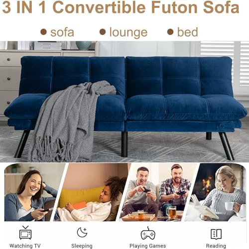 Modern Navy Blue Velvet Convertible Folding Futon Couch Sofa Bed | Adjustable Pillow Top Arm Memory Foam Couch Double Loveseat Sofa for Compact Living Space,Dorm,Game Studio,Apartment,Bedroom
