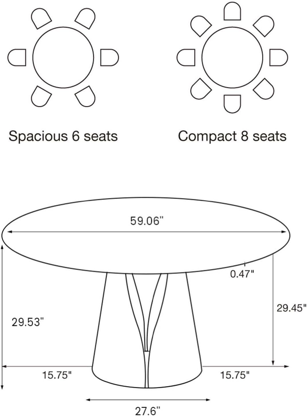 POVISON 59" Modern Round Dining Table, Marble Round Dining Room Table for 6, Matte White Sintered Stone Tabletop with Black Carbon Steel Pedestal, Circle Dining Table for Kitchen Room (Table Only)