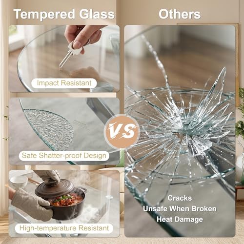 5 Piece Glass Dining Table Set for 4, Modern Tempered Glass Top Kitchen Table and Chairs Set, 4 Upholstered Chairs and Faux Leather Cushions, Space-Saving Small Apartment Dining Kitchen Set