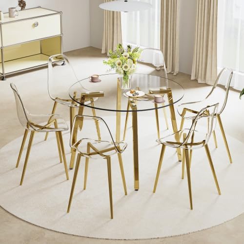 JUFU Acrylic Dining Chairs Set of 6, Modern Clear Chairs with Transparent Seat, Ergonomic Acrylic Side Chairs with Gold Metal Legs for Dining Room, Kitchen, Living Room