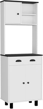 67" H Kitchen Pantry with Two Cabinets, Two Open Shelves, and One Drawer,White/Black