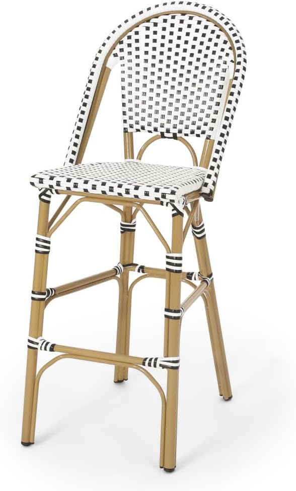 Saiveina 29.5" Outdoor PE Rattan French Barstool, White and Black, Aluminum Frame with Bamboo Finish (Set of 2)