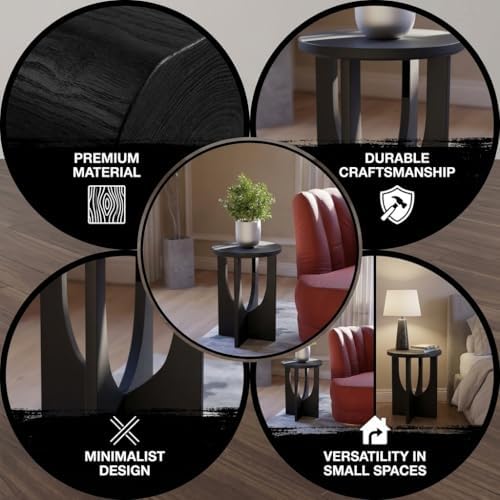 Stupa Solid Wood End Table – 22" Tall Round Side Table for Living Room or Bedroom, Handcrafted Accent Table in Distressed Black Finish, Easy Assembly, Modern Minimalist Design for Small Spaces