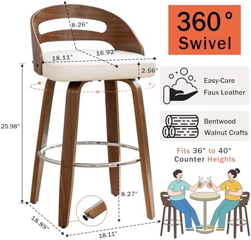 Counter Height Bar Stools, Mid Century Counter Stools with Walnut Finish | Natural Bentwood Frame, Easy-Grip Handle,Low Back, Upholstered Faux Leather, Kitchen Counter Stools for Kitchen, Pub, Cafe