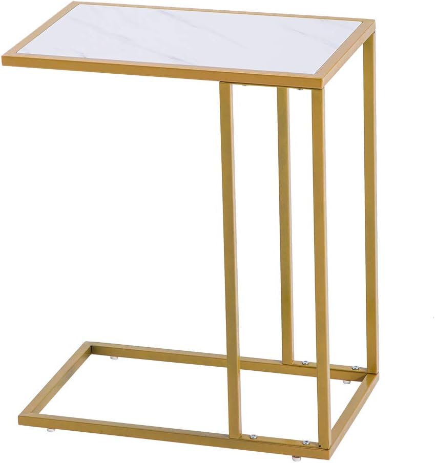 Marble Simple C-Side Table, C-Shaped Side Table for Couch - Small Coffee Stand Sofa Tray Desk with Metal Frame, Modern End Accent for Living Room, Bedroom, Small Spaces,Golden