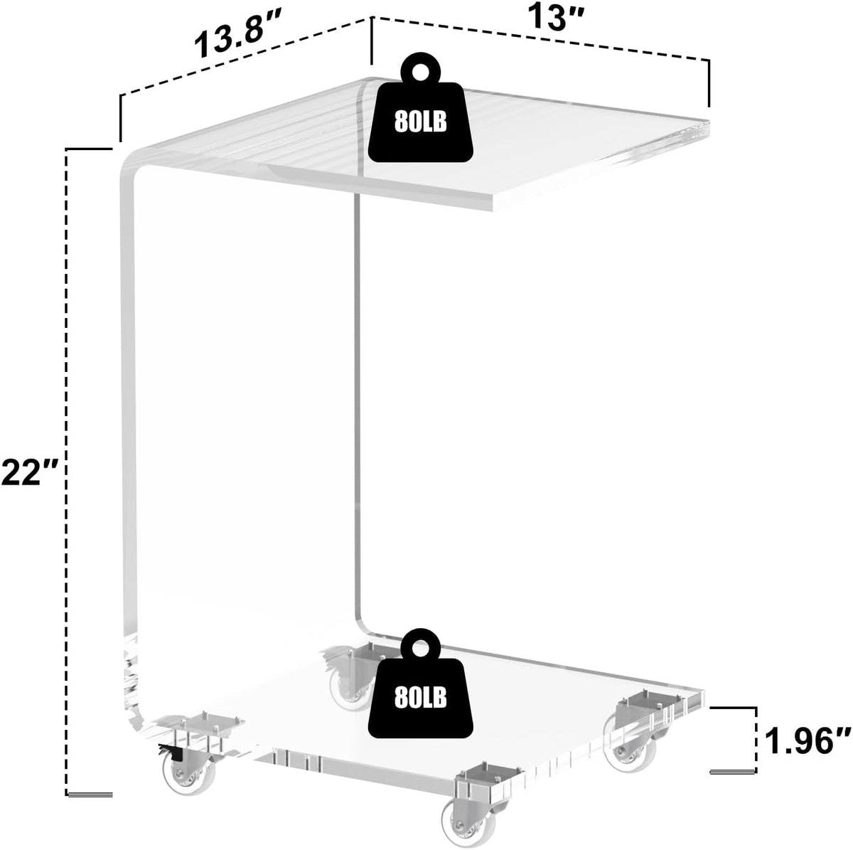 Acrylic Side Table with Wheels, Movable C Shaped Sofa Table with Storage, Rolling Nightstand, Clear End Table for Living Room, Bedroom, Office, Bedside, Couch