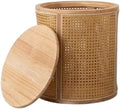 Round Wood Rattan Side Table Japanese Style Small Coffee Table with Storage Bohemian Vintage Balcony End Table for Living Room All Occasion(Natural)