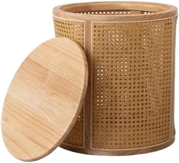 Round Wood Rattan Side Table Japanese Style Small Coffee Table with Storage Bohemian Vintage Balcony End Table for Living Room All Occasion(Natural)