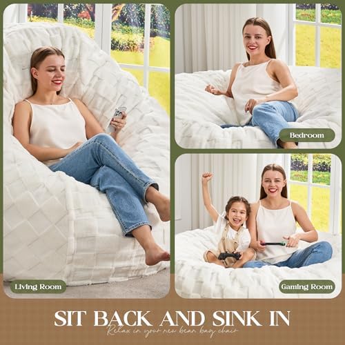 Hobestluk Adults Bean Bag Chair 4FT Big BeanBag Chair Extra Large Oversized | Memory Foam,Washable Cover,Unique Fluffy Plaid,Comfy Big Bean Bag with Filler Lounging Gaming Bedroom Living Room | White 4FT