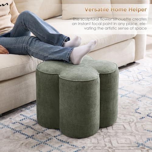 Zesthouse Flower Pouf Ottomans Foot Rest Set of 2, Linen Poofy Ottomans | Large Ottoman Footstool for Couch, Modern Living Room Stool Seat, Cute Square Vanity Stool for Bedroom, Green Dorm Foot Stool