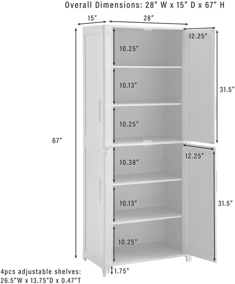 Pemberly Row Traditional Wood Kitchen Storage Pantry, Navy Finish, MDF and Birch Veneer, 67" H x 28" W x 15" D, Adjustable Shelves, Shaker-Style Doors, Brushed Nickel Hardware, Home and Kitchen