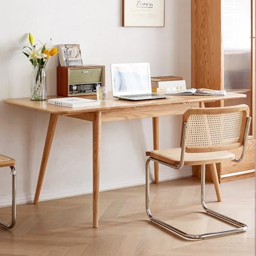 47’’-63’’ 100% Oak Extendable Dining Table, Solid Wood Folding Kitchen Table, Mid Century Modern Dinner Table for Kitchen, Apartment, Living Room (47''-63'' Natural)