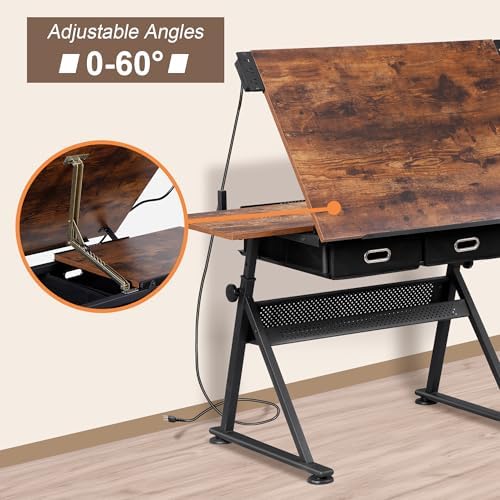 ZENY Adjustable Drafting Table with Stool Tilting Drawing Desk Artist Table | with Outlet, Storage Drawers, Art Craft Workstation for Home Office Reading, Writing, Crafting