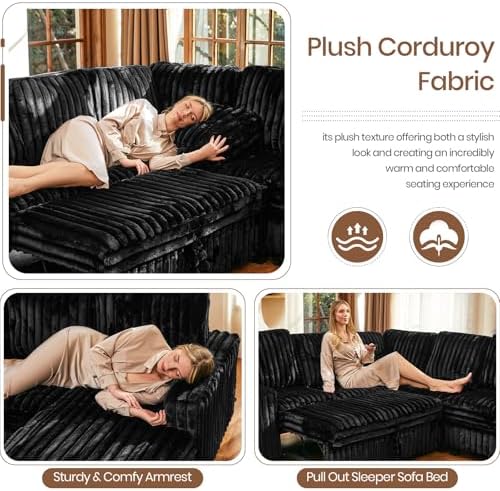 Belffin Corduroy Sleeper Sofa Bed with Storage Chaise Modular Sectional Sofa Couch with Pull Out Bed L Shaped Sectional Couches for Living Room Black Couch