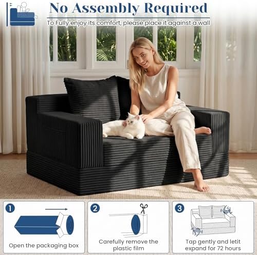 Convertible Sofa Bed,Small Couch & Loveseat,Pull Out Couch Bed for Small Spaces,Premium Luxe Corduroy Folding Floor Futon Sleeper with Side Pocket & 2 Pillows, No Assembly Required