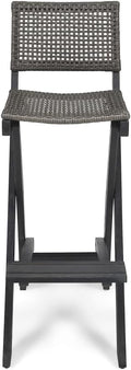 Saiveina 41.75" Outdoor Folding Acacia Wood Barstools with PE Rattan Backrest and Seat, Dark Grey Finish (Set of 2)
