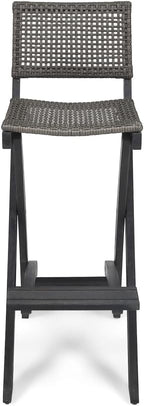 Saiveina 41.75" Outdoor Folding Acacia Wood Barstools with PE Rattan Backrest and Seat, Dark Grey Finish (Set of 2)