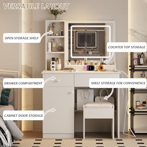 Dressing Table Set, Large Storage Space vanity with Mirror, Power Outlet, Makeup Vanity Bench with 2 Drawers Cushioned Stool for Beauty Storage & Cosmetics, Vintage Vanity Desk for Women (White)
