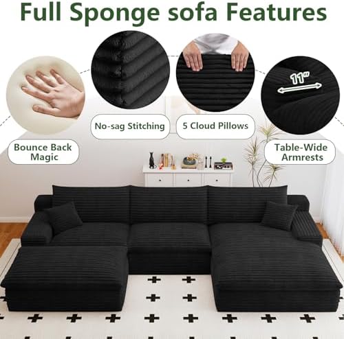 107" Cloud Couch Modular Sectional Sofa for Living Room, U-Shape Couch with Deep Seat, Modern Corduroy 3-Seater with Ottoman, No Assembly Required (Black,Right-Facing Chaise)