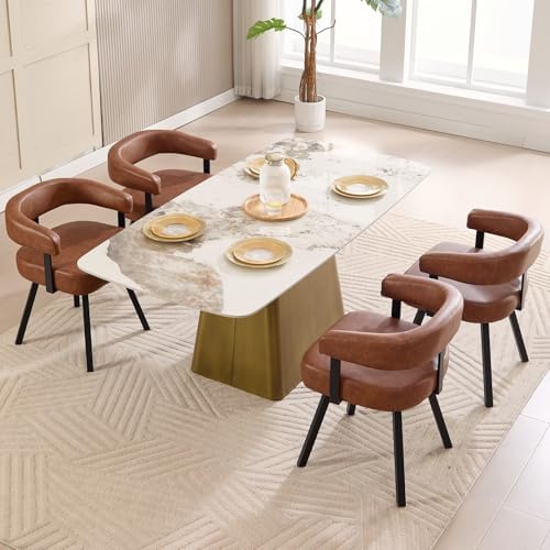 LukeAlon PU Leather Dining Chairs Set of 4, Simple Upholstered Side Chair with Padded Open Barrel Back Modern Guest Chair with Black Metal Legs for Kitchen Dining Room, Brown