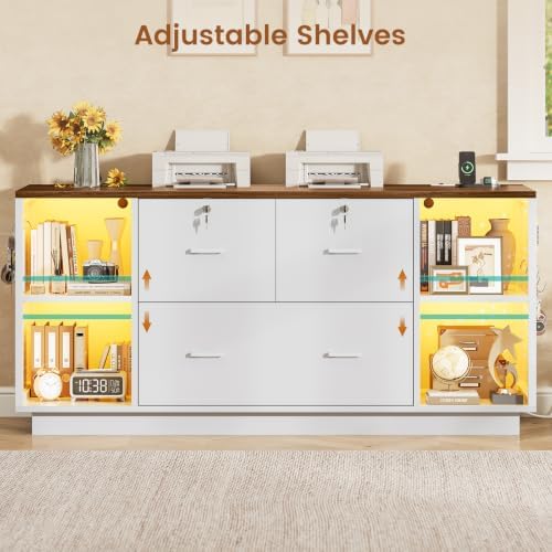 SEDETA 55" File Cabinet with Lock, Large 3 Drawers Filing Cabinets for Home Office, Lockable Printer Stand with Storage, Power Strip, LED Light & Pegboard, White + Brown
