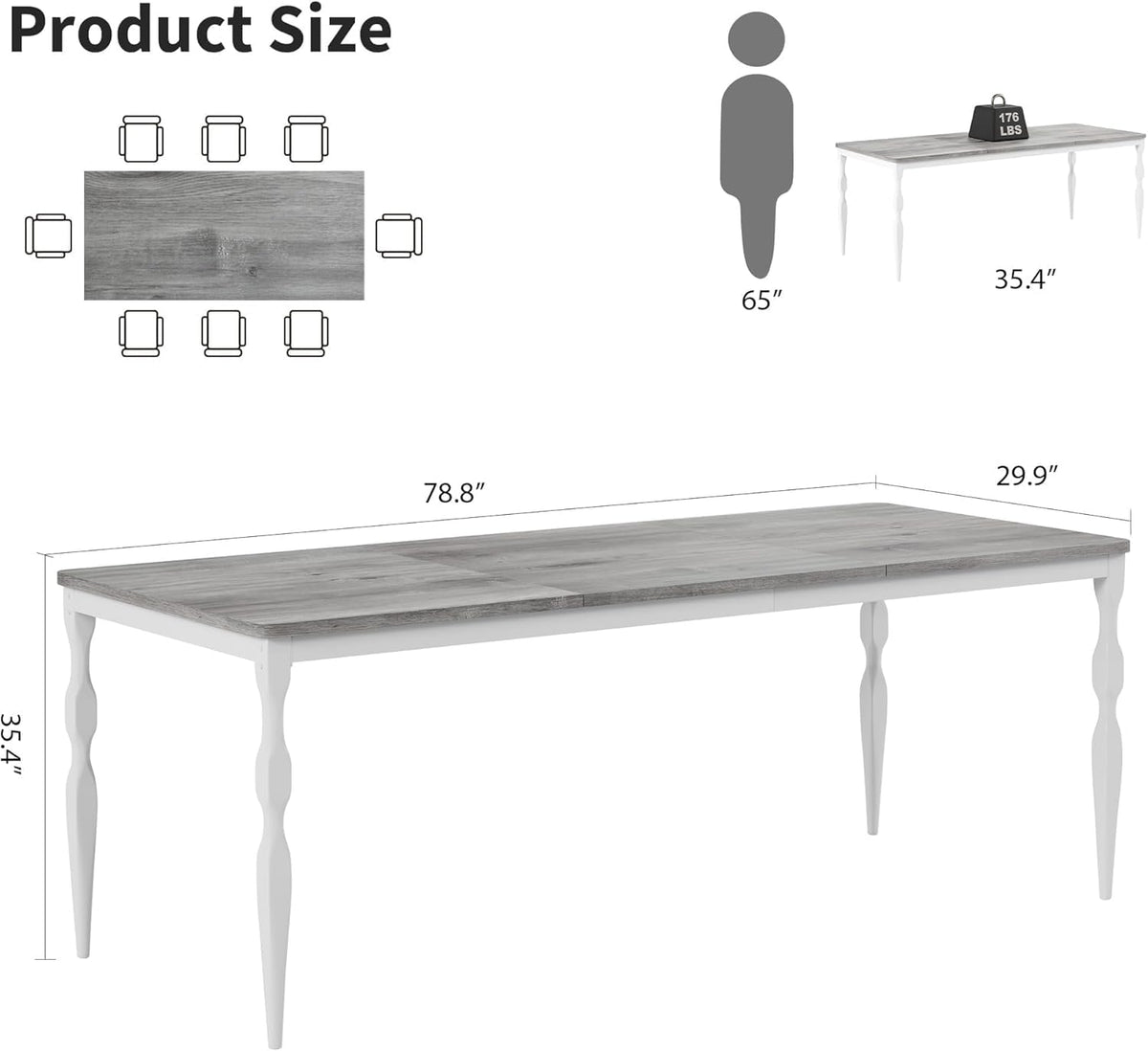 IDEALHOUSE 78 Inch Farmhouse Dining Table for 6-8 People, Rectangular Wood Kitchen Table with Heavy Duty Legs, Kitchen Dining Room Table for Dining Room Kitchen, Wash Grey