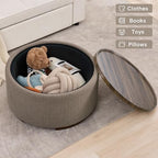 29.5 Inch Round Storage Ottoman Coffee Table, Brown Teddy | Modern Circle Coffee Table With Storage With Removable Lid Top and Solid Wood Legs, Round Ottoman for Bedroom, Living Room