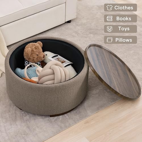 29.5 Inch Round Storage Ottoman Coffee Table, Brown Teddy | Modern Circle Coffee Table With Storage With Removable Lid Top and Solid Wood Legs, Round Ottoman for Bedroom, Living Room